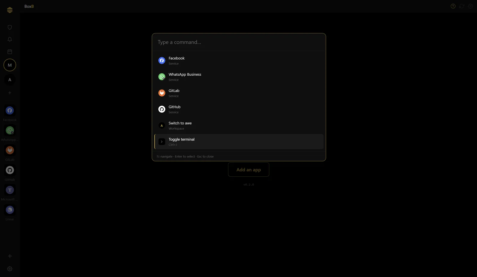 BoxB with the Ctrl+K command bar open over a sidebar of services